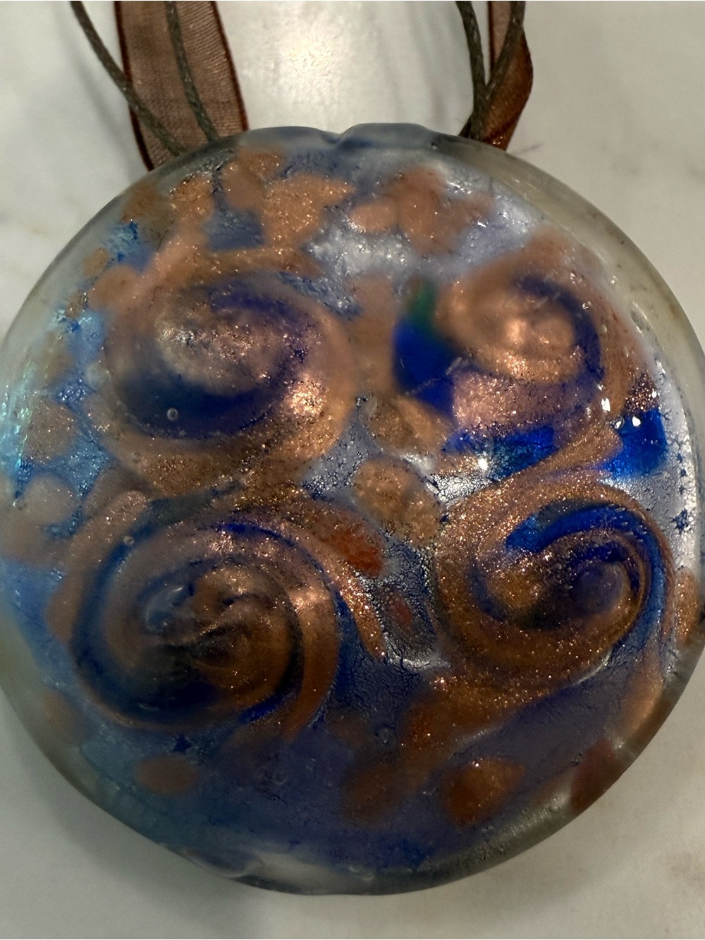 Glass Swirl Pendant Choker Necklace in Blue and Copper